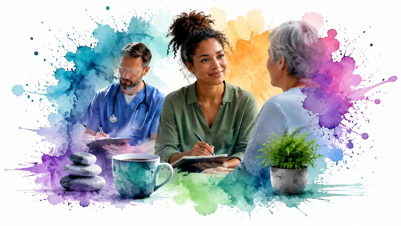 A healthcare professional and a counselor consulting with an elderly patient during a therapy session together.