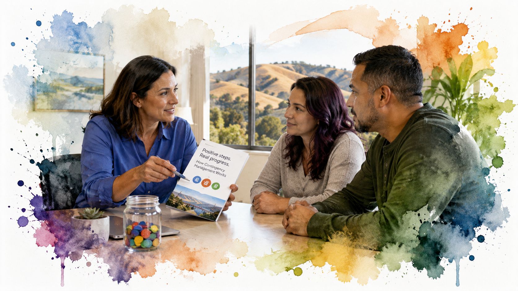 A professional woman explaining a contingency management guide to a couple sitting at a wooden table.