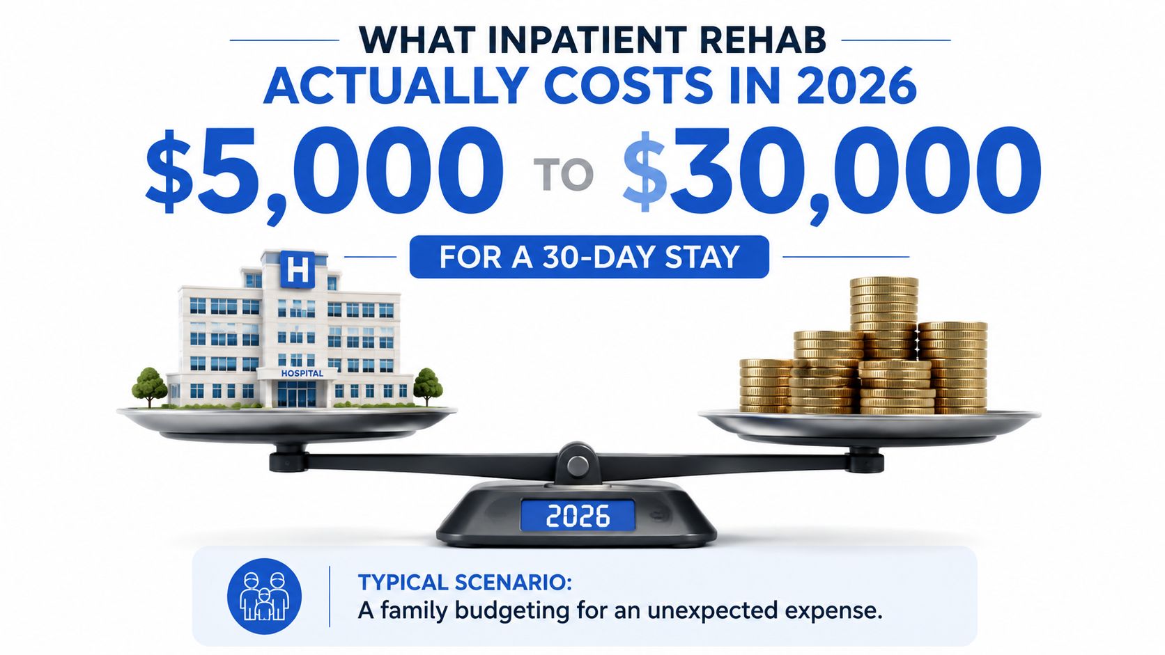 A graphic showing that the cost of inpatient rehab ranges from 5,000 to 30,000 dollars in 2026.