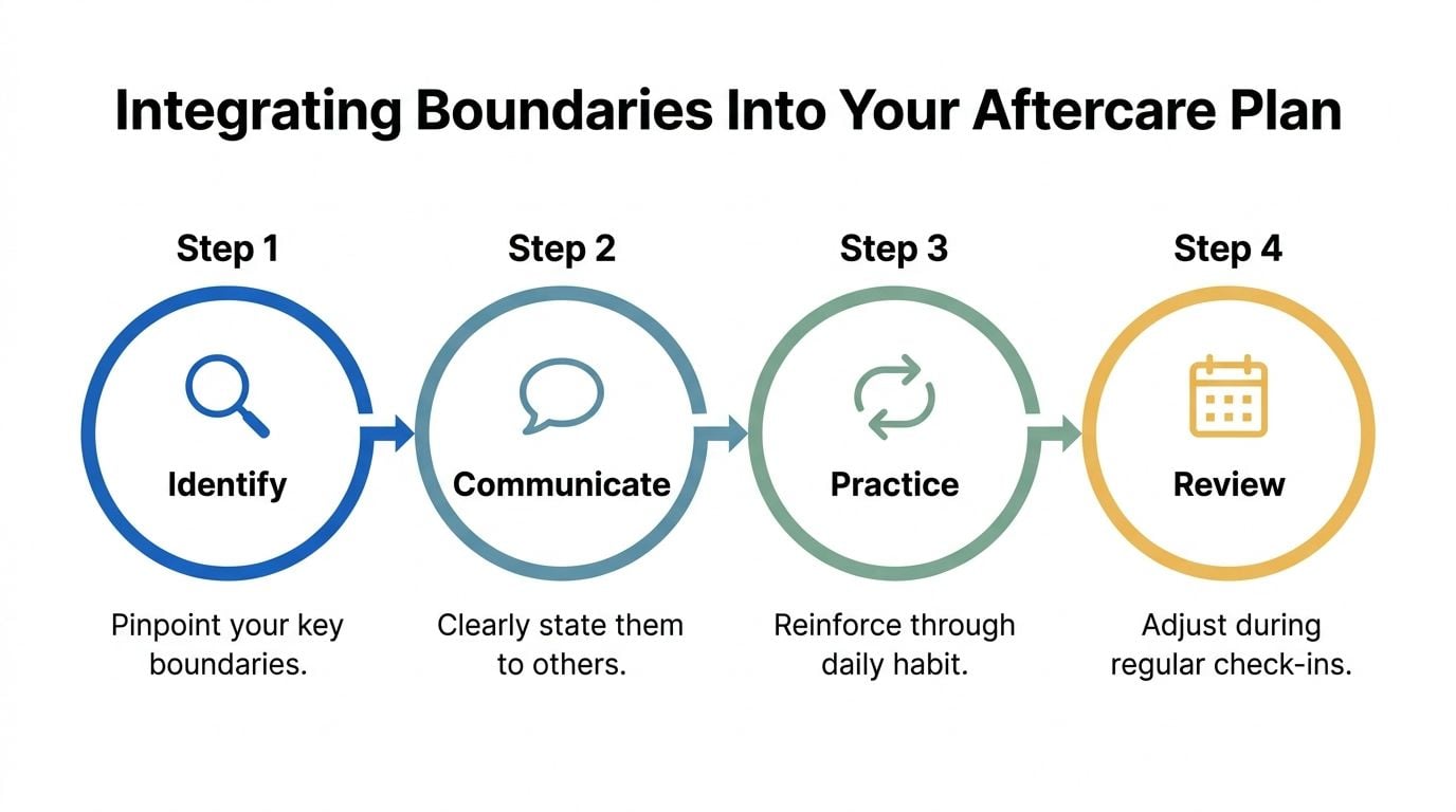 A four-step infographic illustrating how to integrate healthy boundaries into an aftercare plan for personal recovery.