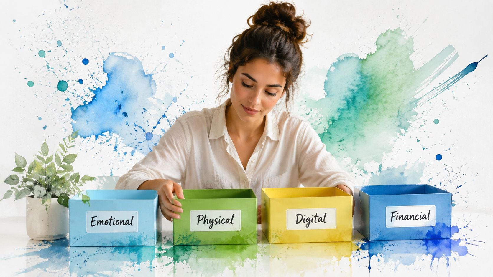 A woman organizing her life by sorting items into labeled boxes for emotional, physical, digital, and financial health.