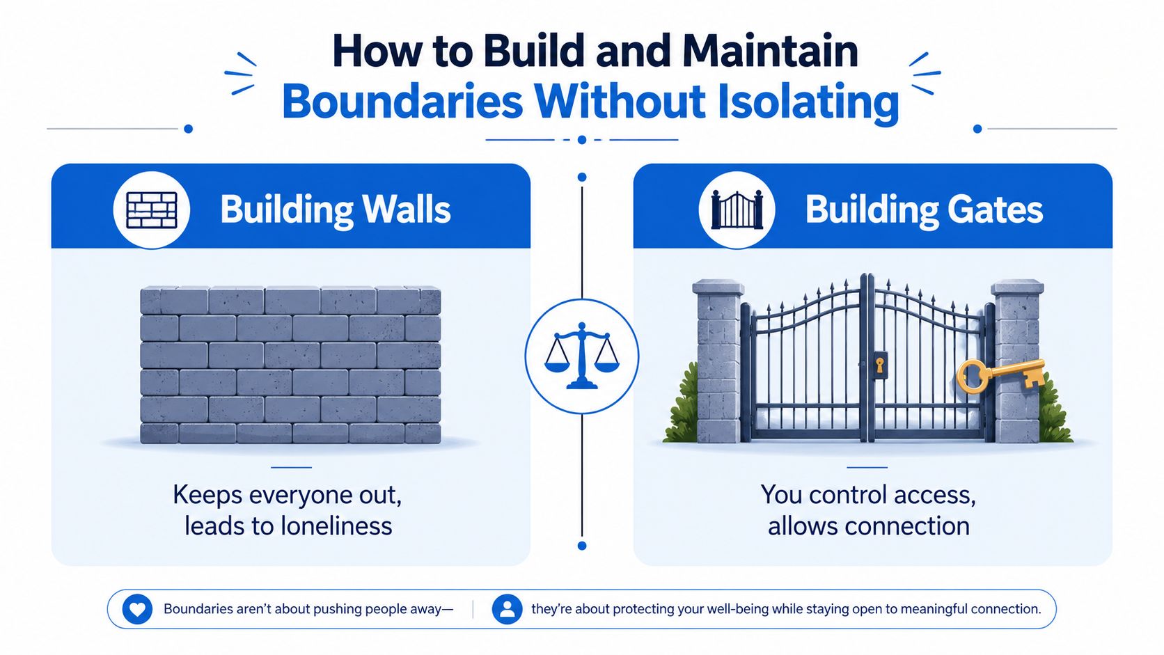 A graphic comparing healthy relationship boundaries to gates versus unhealthy walls that lead to isolation.