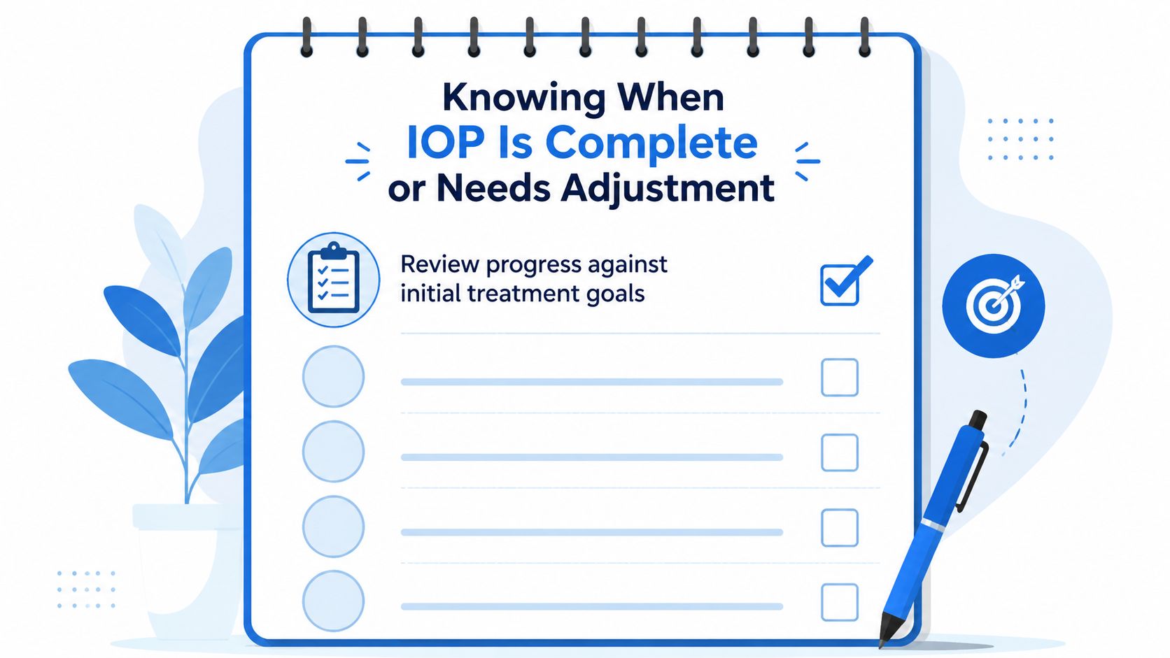 A notepad graphic illustrating how to evaluate progress and determine if IOP treatment needs adjustment.