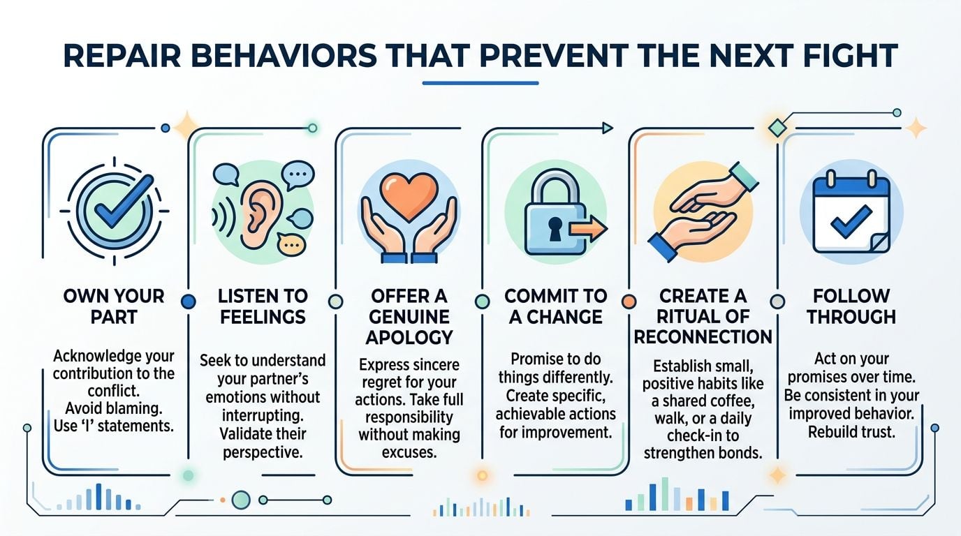 An infographic titled Repair Behaviors That Prevent The Next Fight listing six steps for resolving relationship conflicts.