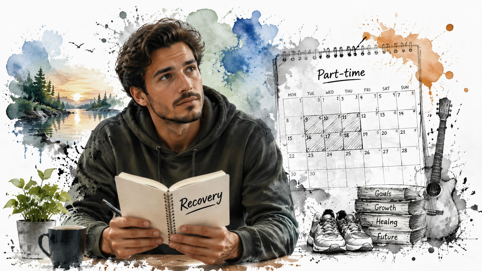 A man planning recovery steps with a journal, calendar, and personal growth items in a creative setting.