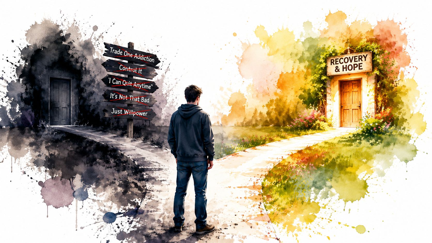 A person standing at a crossroads choosing between a dark path of addiction and bright recovery.