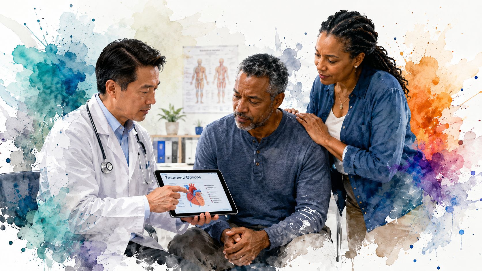 A doctor shows heart treatment options on a tablet to a mature couple in a medical office.