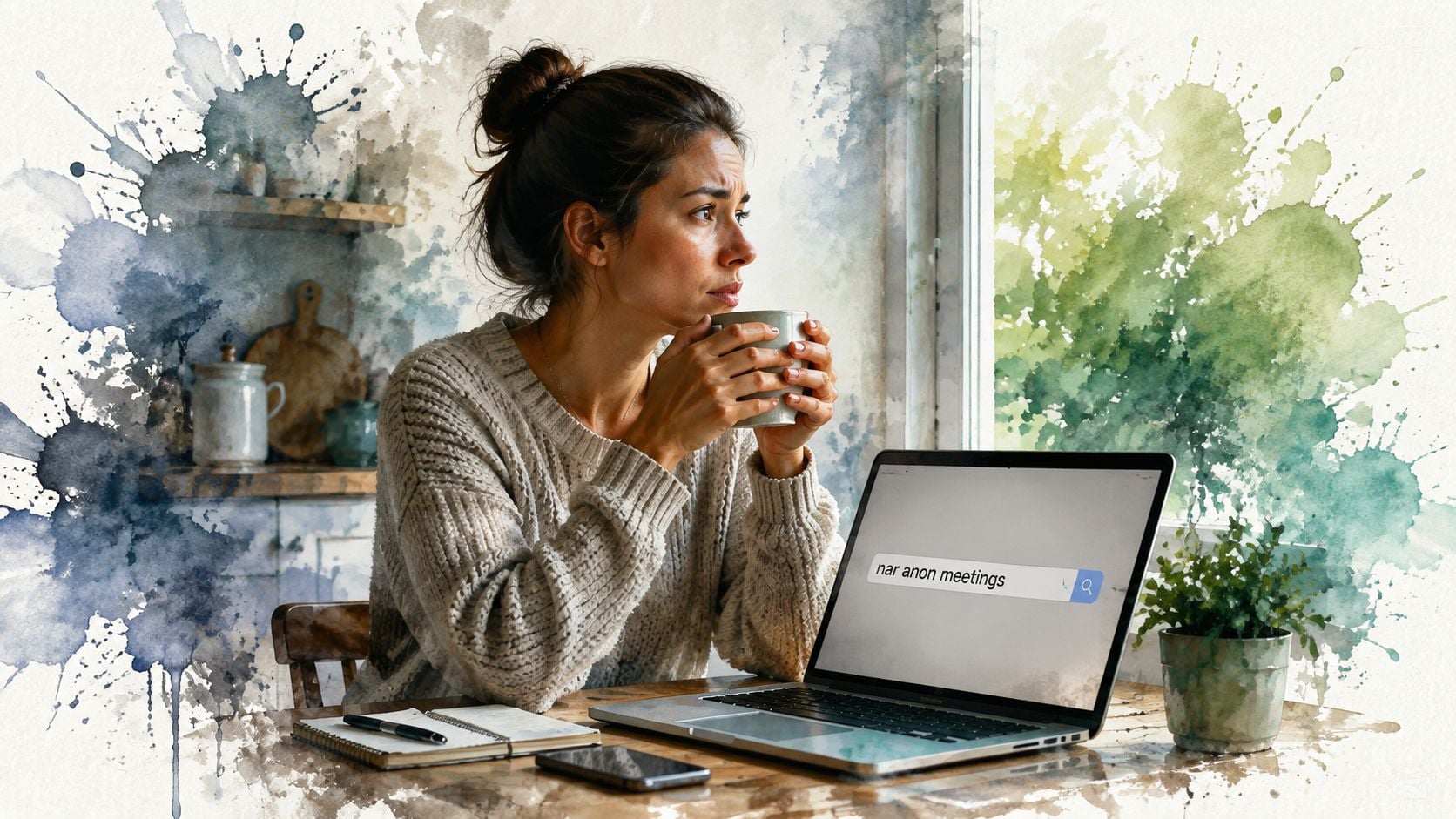 A pensive woman in a cozy sweater holds a coffee mug while searching for Nar-Anon meetings online.