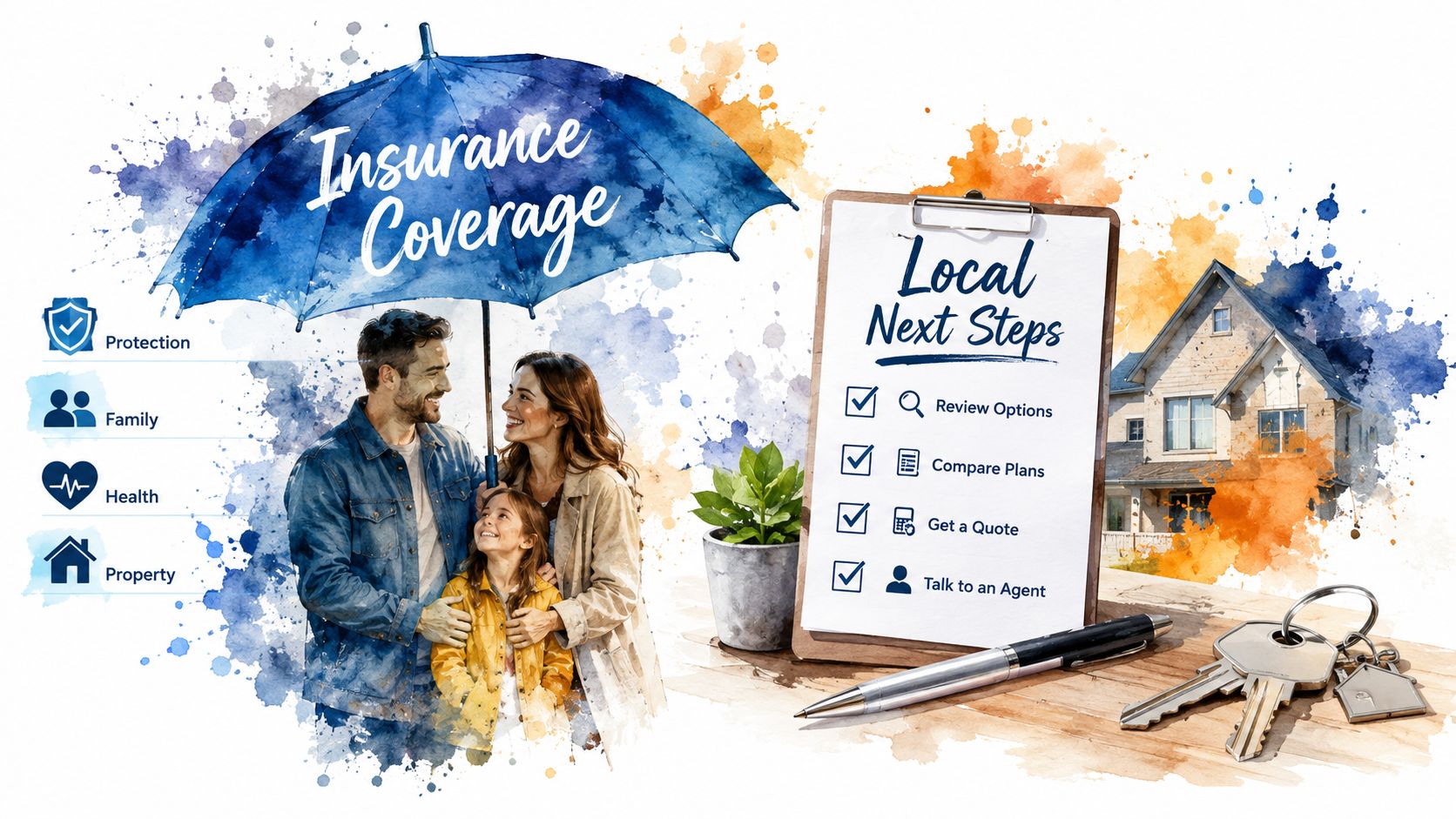 A family stands under a large blue umbrella representing insurance coverage next to a checklist for planning.