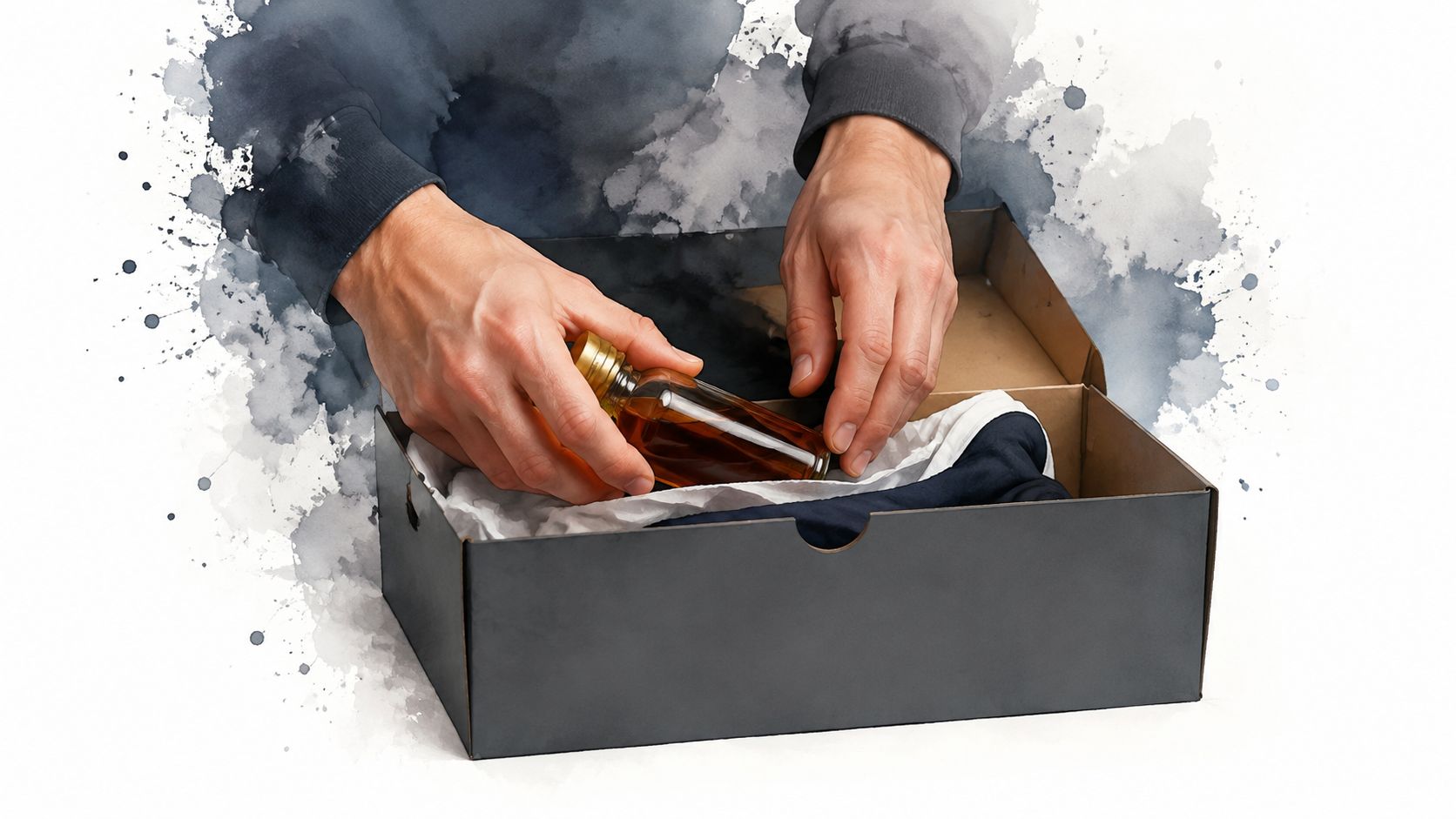 A person placing a small glass bottle of alcohol inside a dark box with clothing.