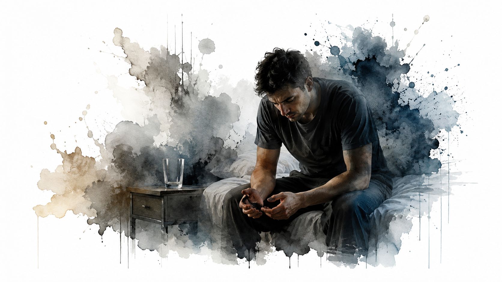 A depressed man sitting alone on a bed looking down with a somber expression in a room.