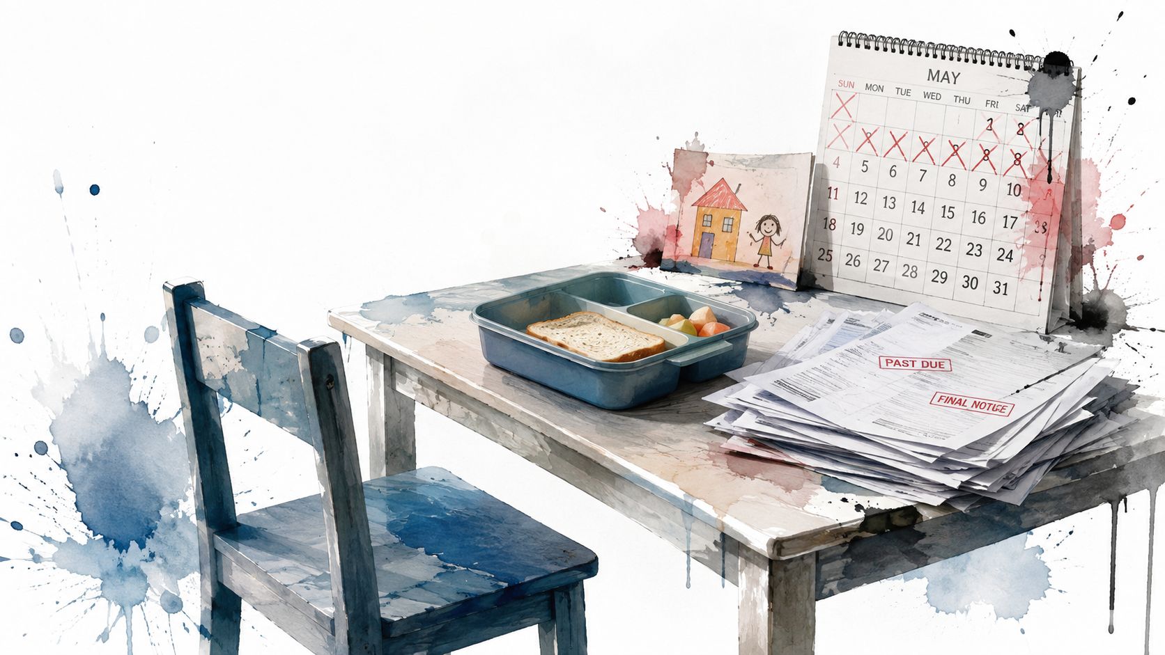 A distressed desk scene with a child's drawing, a lunchbox, and urgent past due bills on paper.