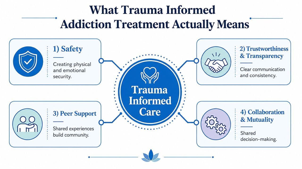 A diagram outlining the four core principles of trauma informed addiction treatment: safety, trustworthiness, peer support, and collaboration.