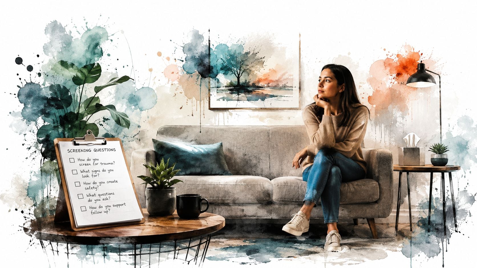 A woman sits thoughtfully on a sofa in a therapy office next to a trauma screening clipboard.