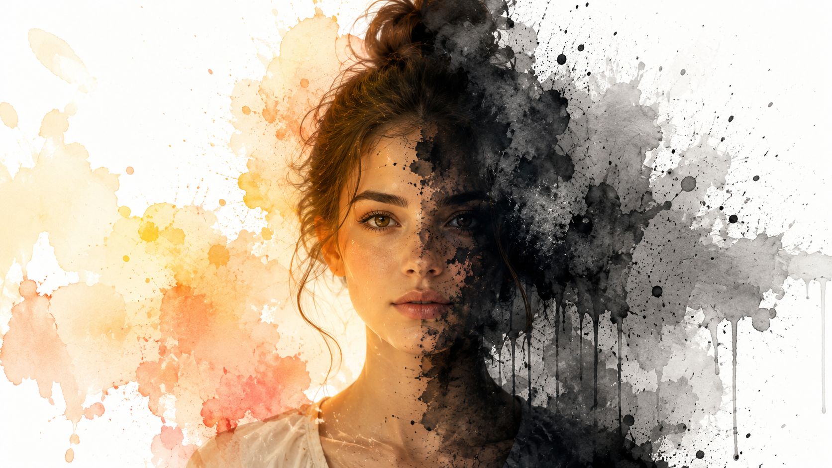 A woman's face split between a warm watercolor side and a dark, disintegrating black ink side.