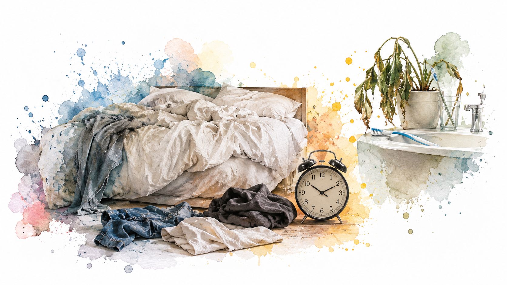 A messy bedroom scene with a disheveled bed, piles of dirty clothes, and a wilting plant.