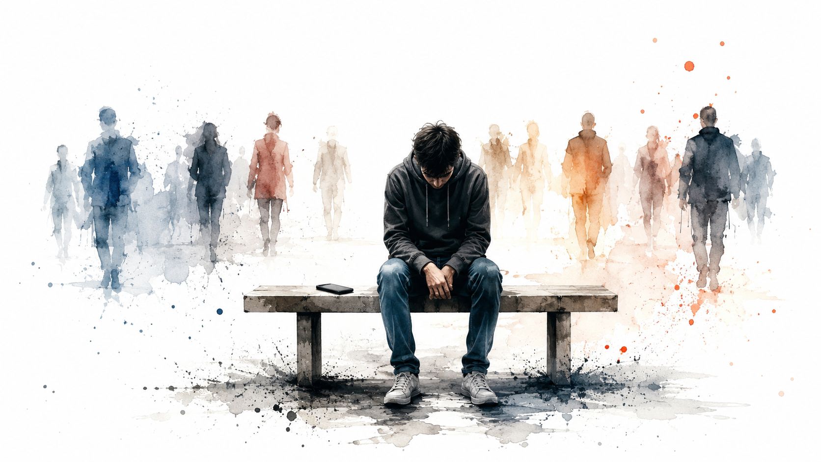 A lonely person sitting on a bench in deep thought, surrounded by a blurry, passing crowd.
