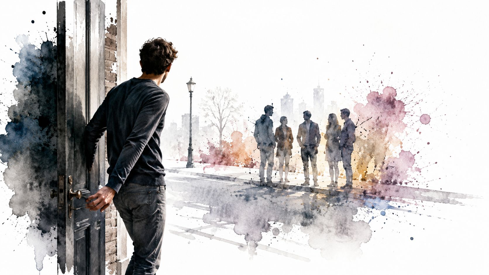 A man opening a door looks out at a group of people standing on a city street.