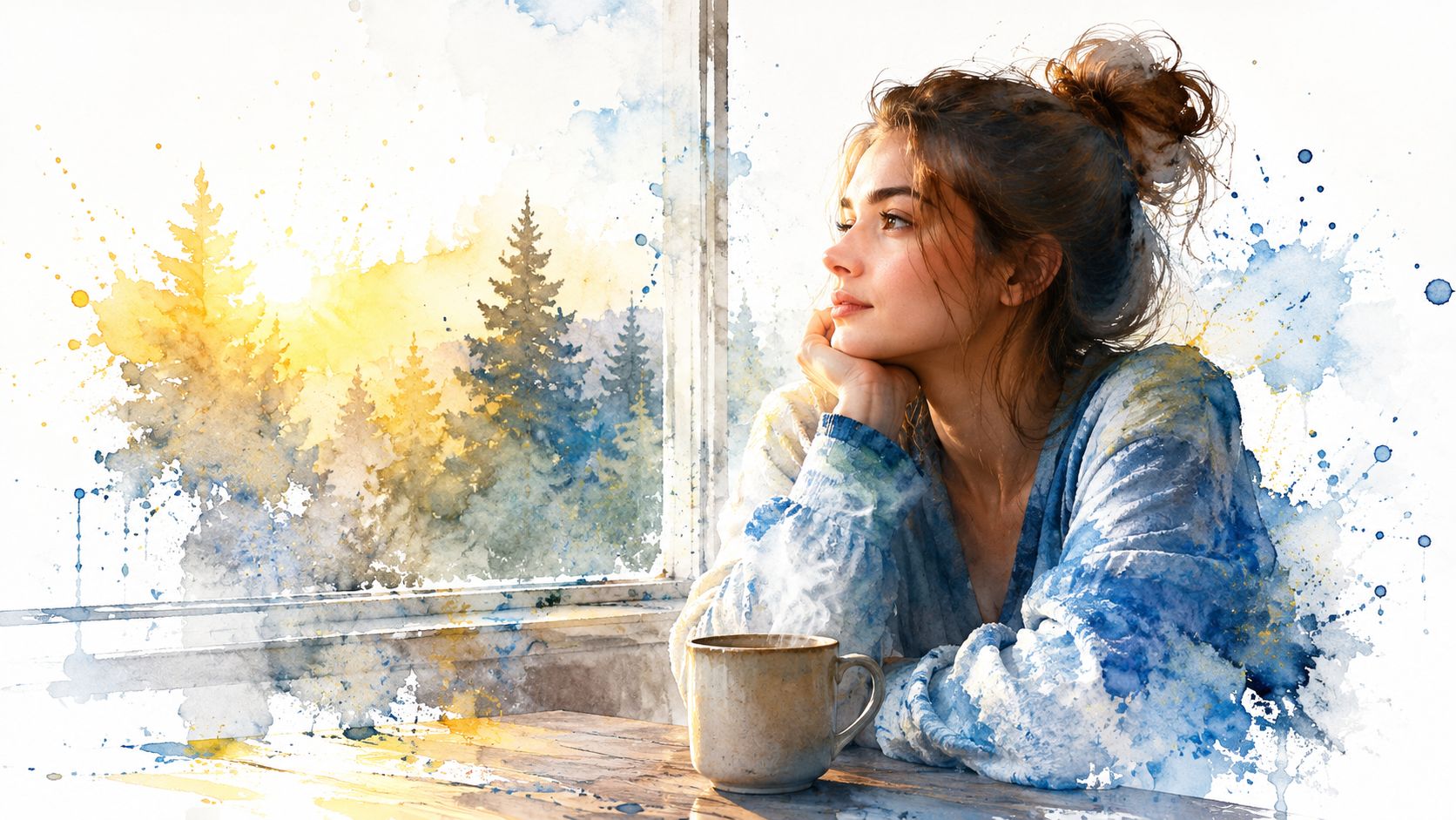 A woman looks out a window at a peaceful forest scene while drinking a warm beverage.