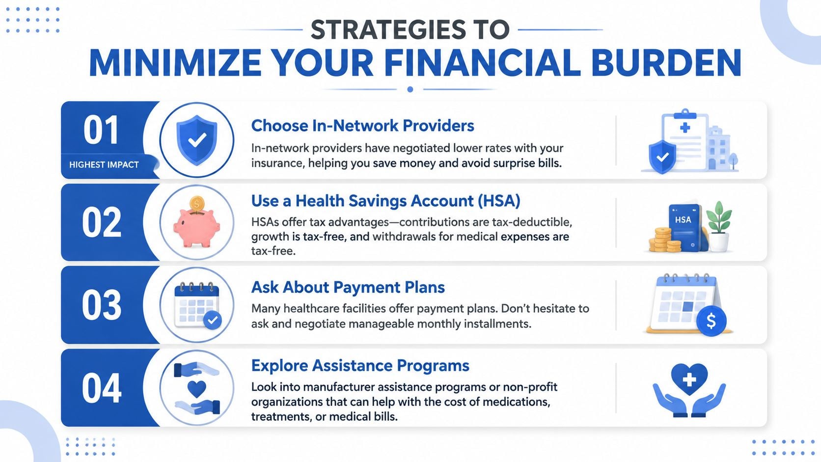 An infographic titled Strategies to Minimize Your Financial Burden listing four tips for managing healthcare expenses effectively.
