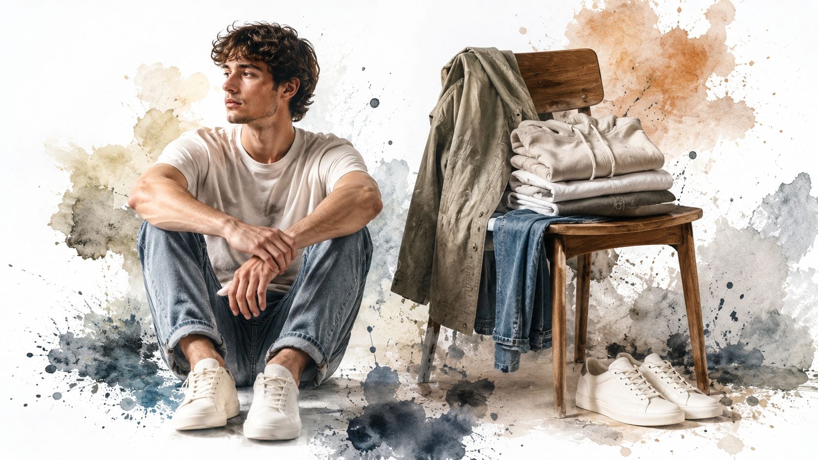A young man sitting on the floor next to a wooden chair with folded clothes and shoes.