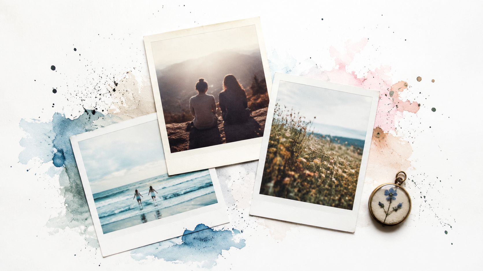 Three Polaroid style photos of memories and a small floral locket arranged on a watercolor background.