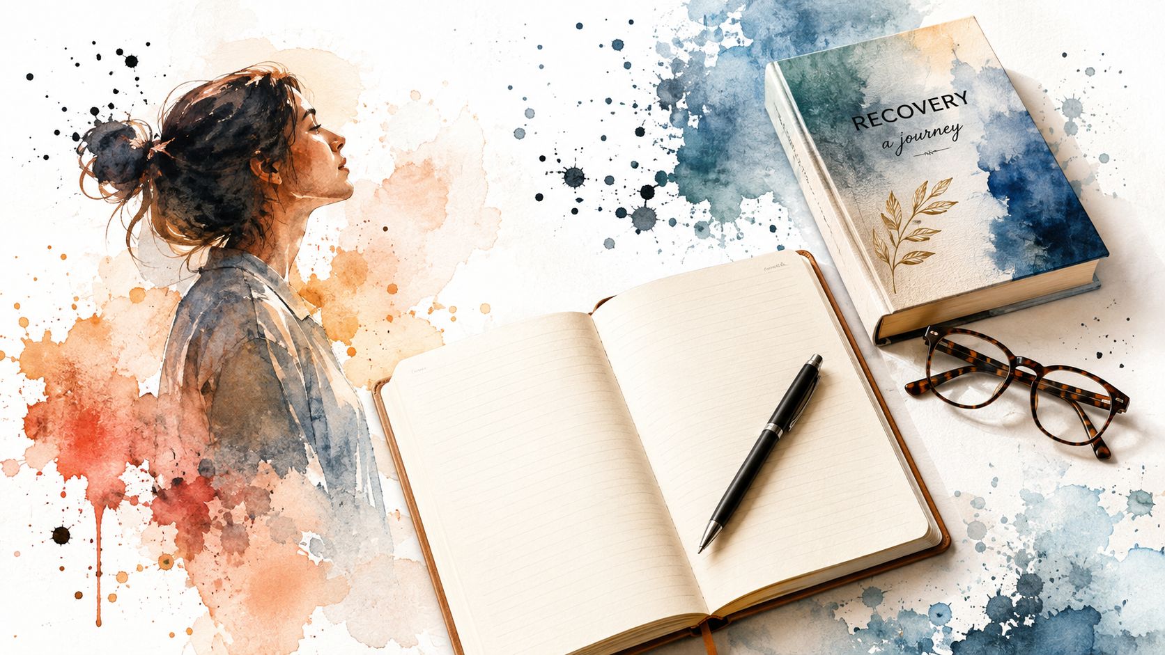 A watercolor illustration of a reflective woman next to a journal, a pen, and a recovery book.