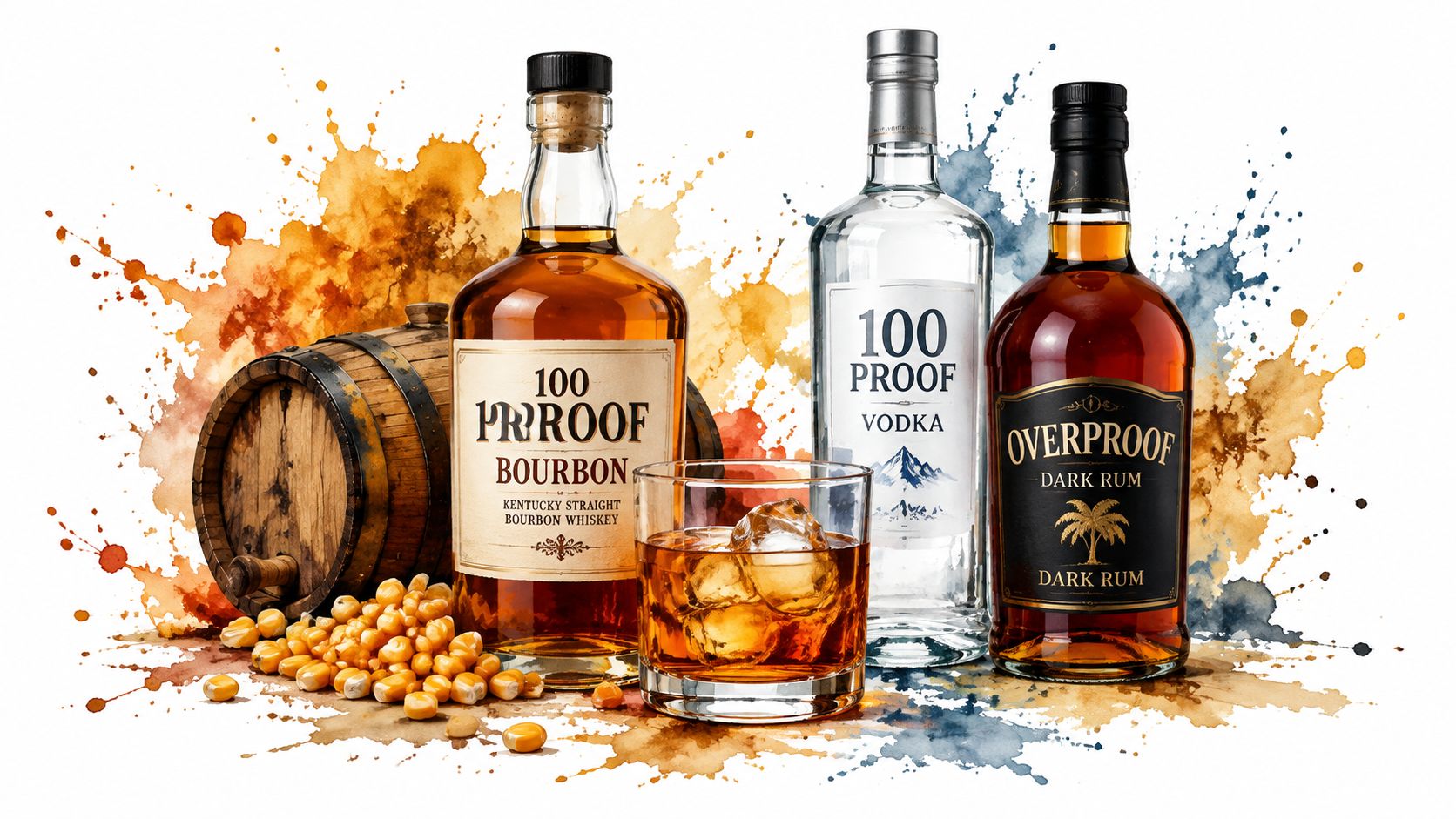 A display of 100 proof bourbon, vodka, and dark rum bottles with a wooden barrel and corn kernels.