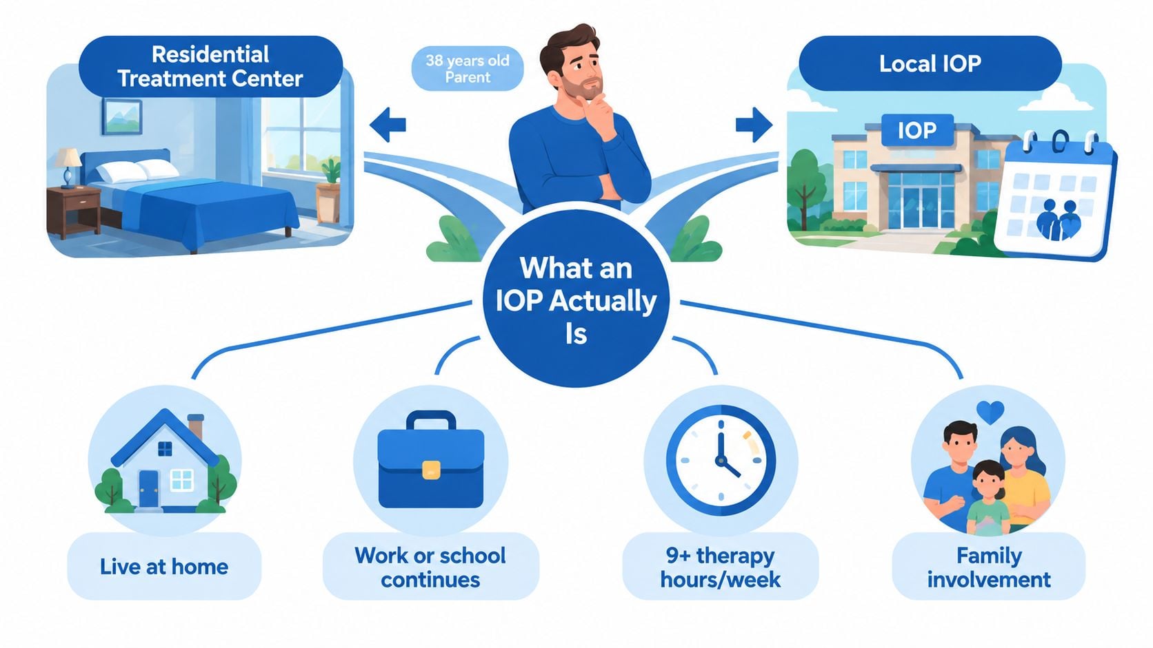 A diagram comparing an intensive outpatient program to a residential treatment center for a 38-year-old parent.