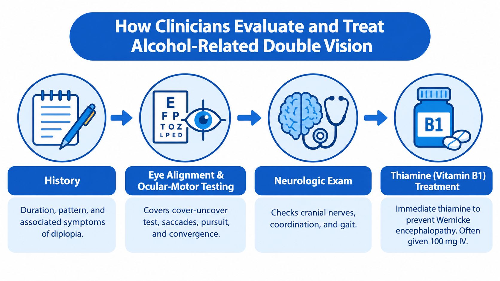 A flowchart detailing the clinical steps to evaluate and treat alcohol-related double vision including exams and thiamine.