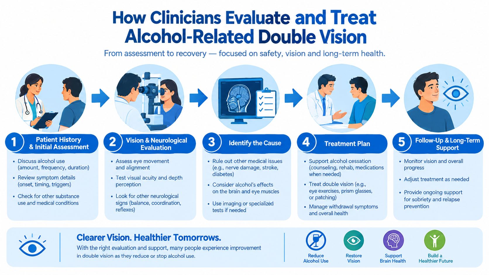 An infographic showing the five-step clinical process for evaluating and treating double vision caused by alcohol consumption.