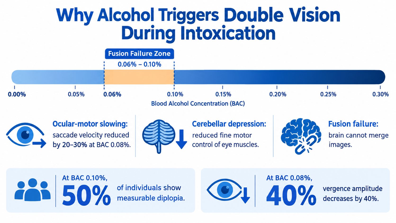An infographic showing how blood alcohol concentration levels cause eye muscle impairment and double vision during intoxication.