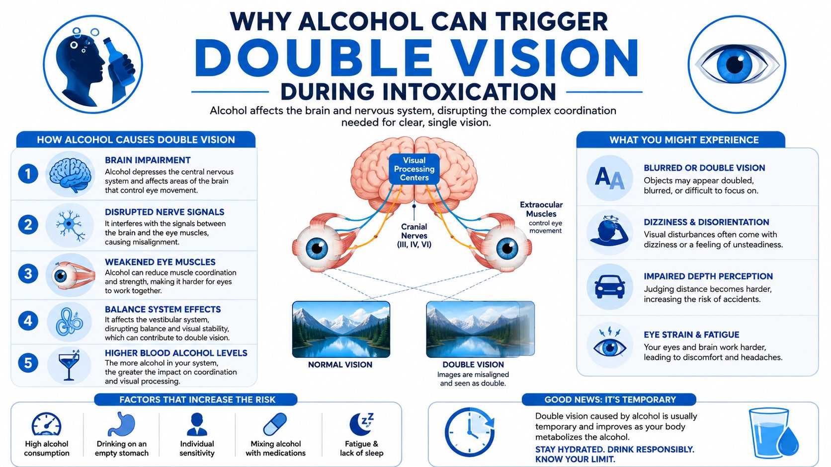 An infographic explaining how alcohol consumption impairs brain and eye coordination, causing temporary double vision symptoms.