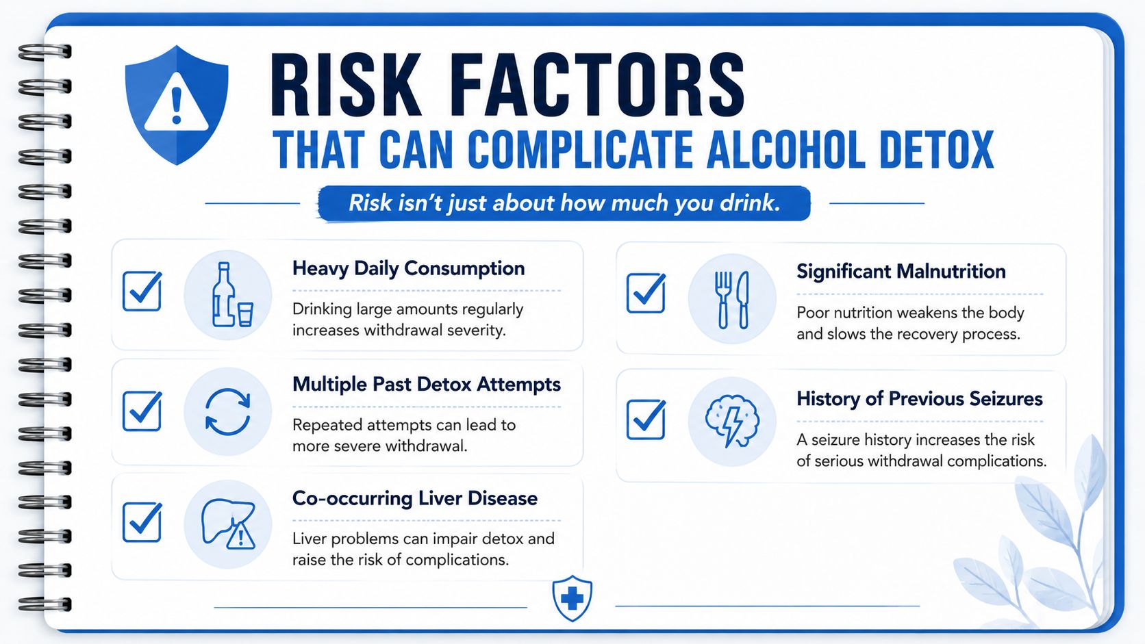 An infographic titled Risk Factors That Can Complicate Alcohol Detox, listing medical and lifestyle considerations.