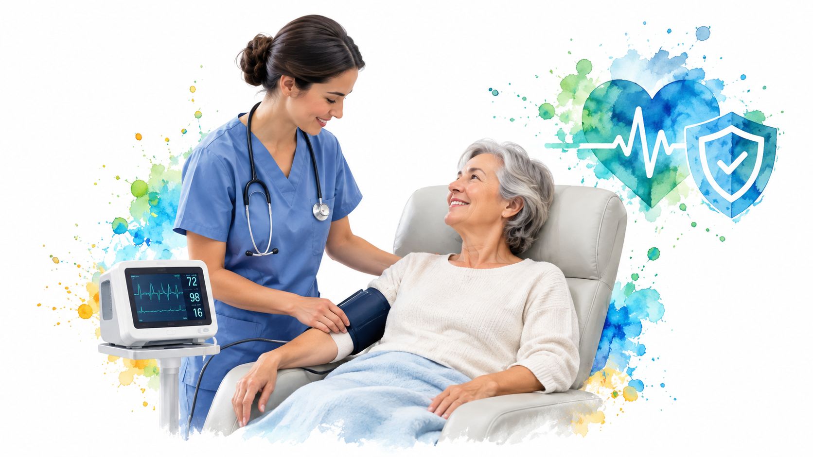 A professional nurse checking the blood pressure of a smiling senior woman in a medical facility.