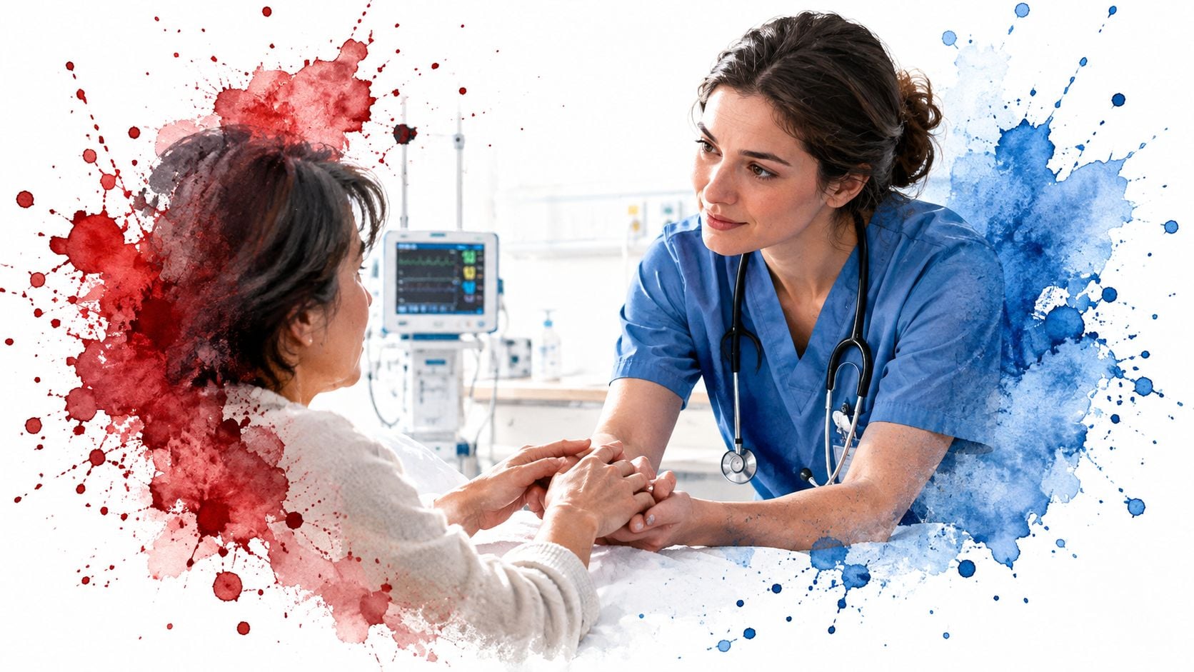 A compassionate nurse holding hands with an elderly patient to offer comfort during a medical recovery process.