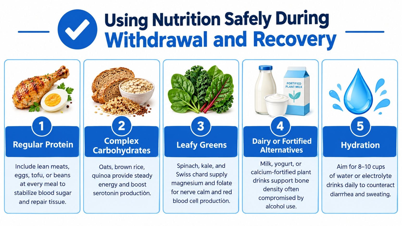 An infographic titled Using Nutrition Safely During Withdrawal and Recovery, showing five key food groups for health.