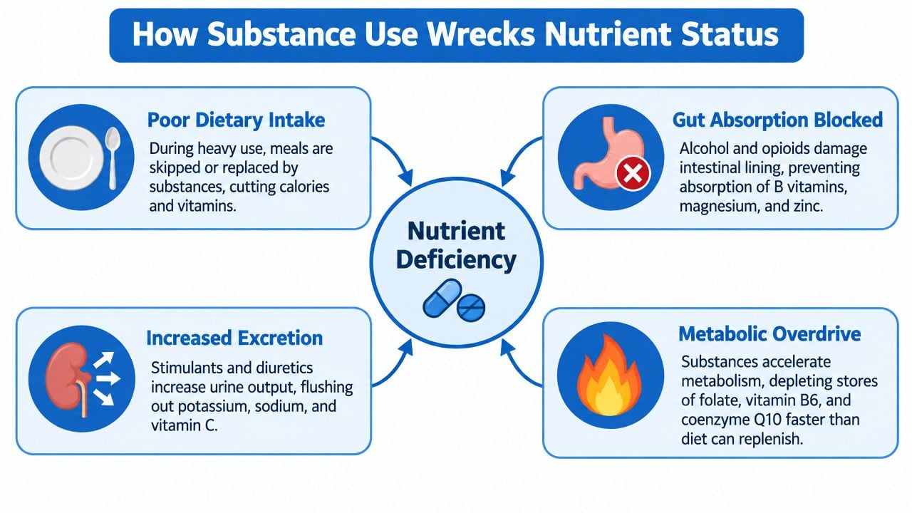 An infographic illustrating four ways substance use causes nutrient deficiency in the human body.