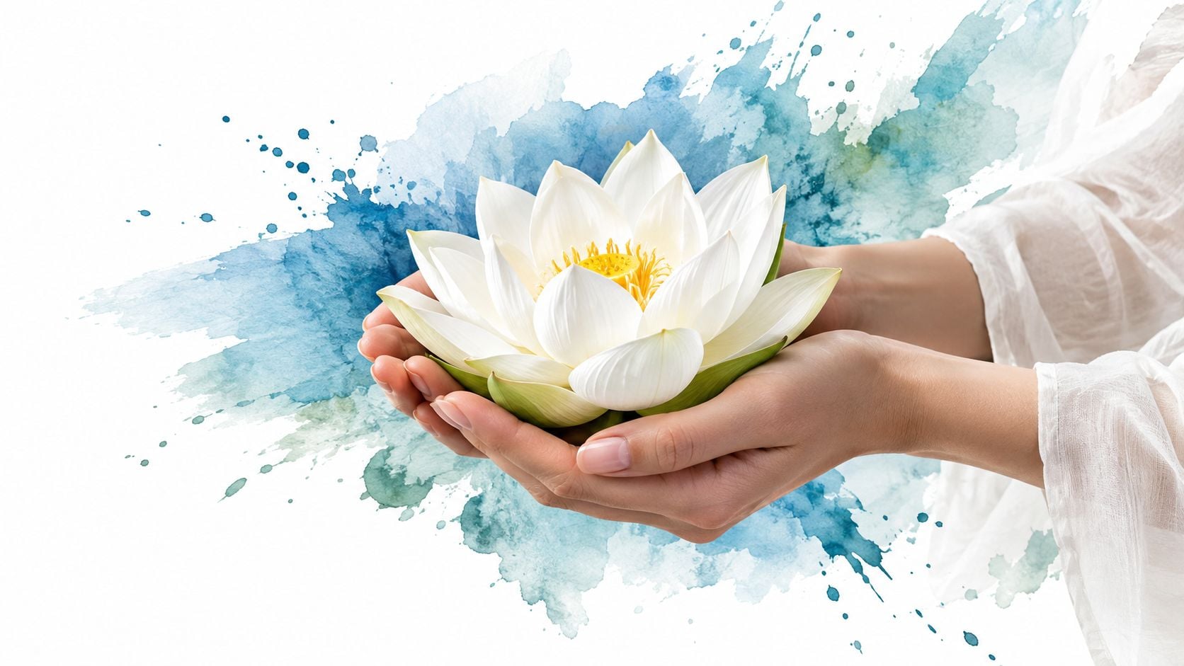 A gentle pair of hands cradling a beautiful white lotus flower against a blue watercolor splash background.