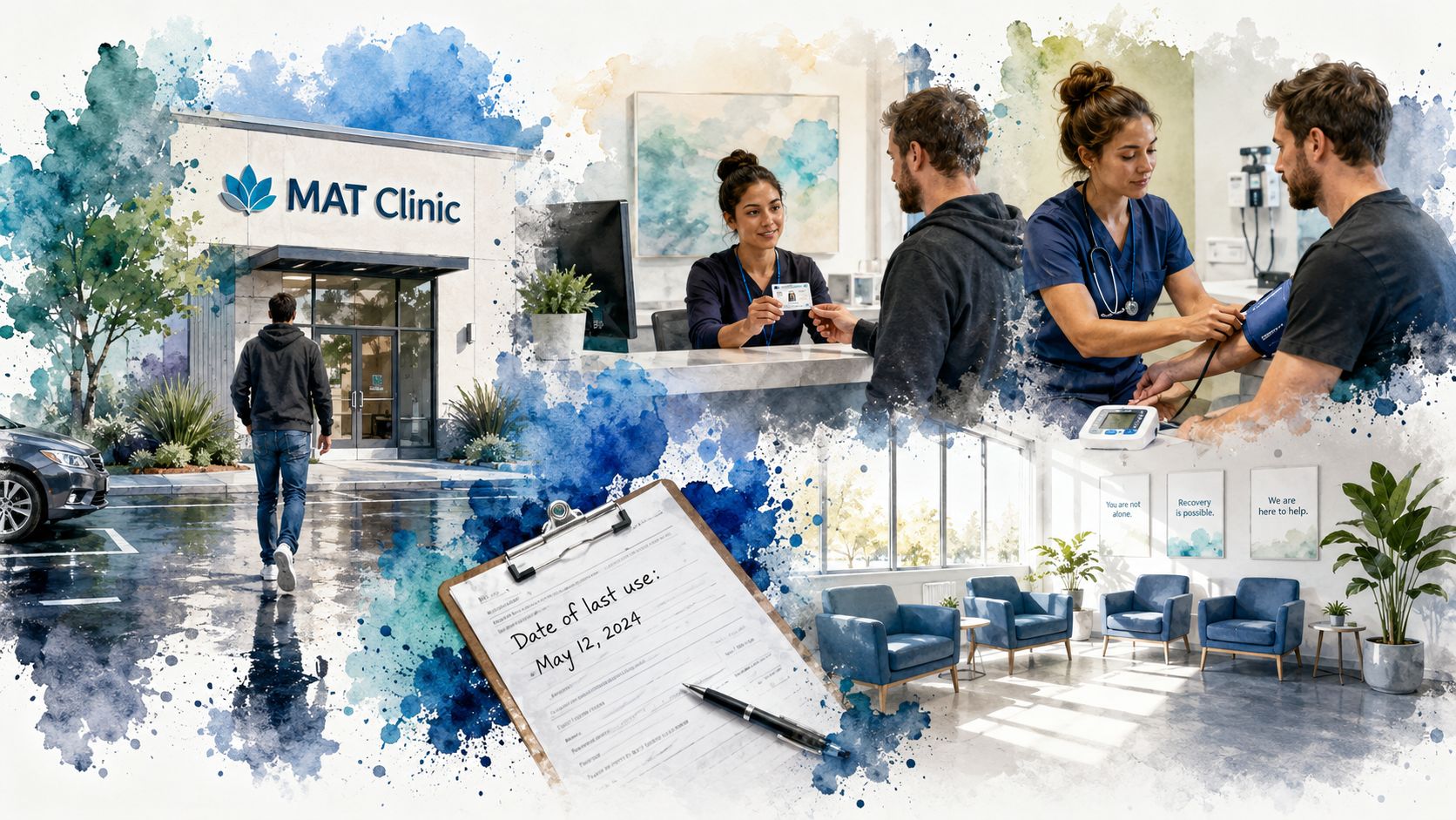 A collage showing a patient entering a medication assisted treatment clinic, checking in, and receiving a health exam.