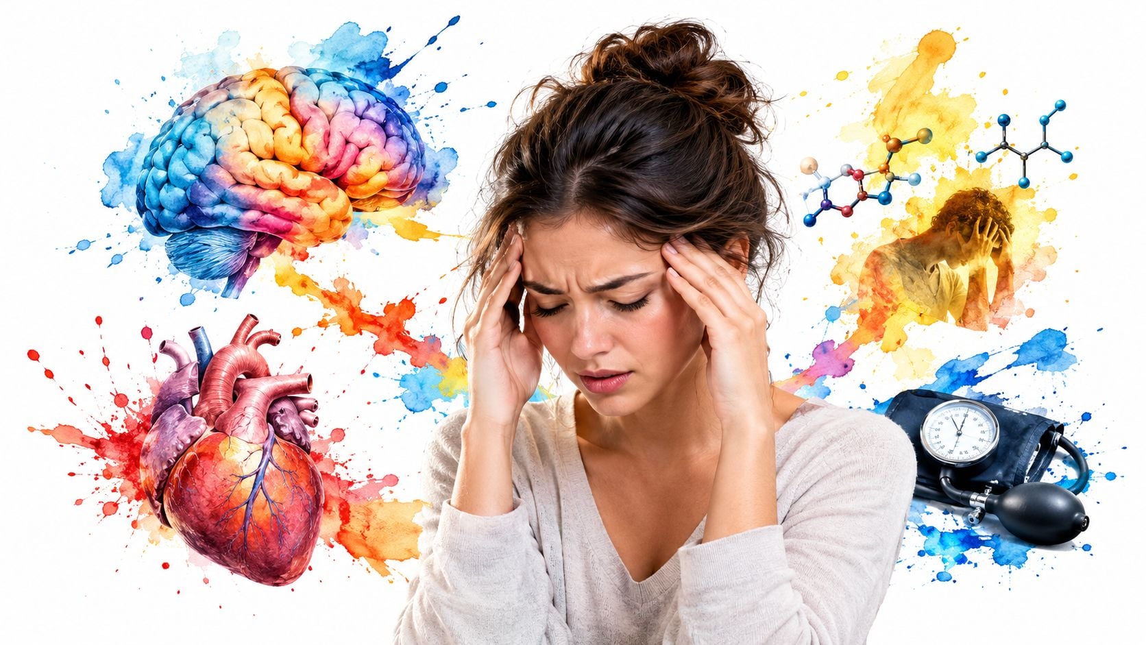 A distressed woman holding her head with anatomical brain, heart, chemical molecules, and blood pressure monitor icons.