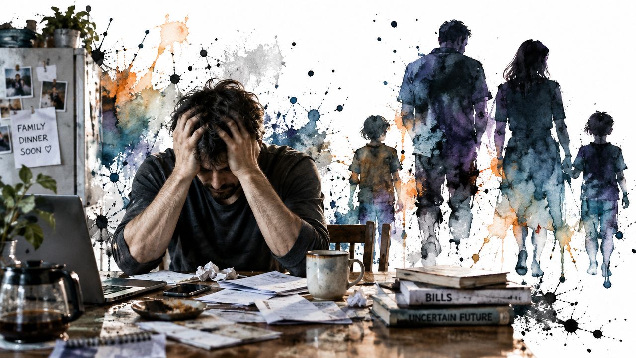 A distressed man sits at a desk with bills, contemplating family relationships and personal struggles in this artwork.