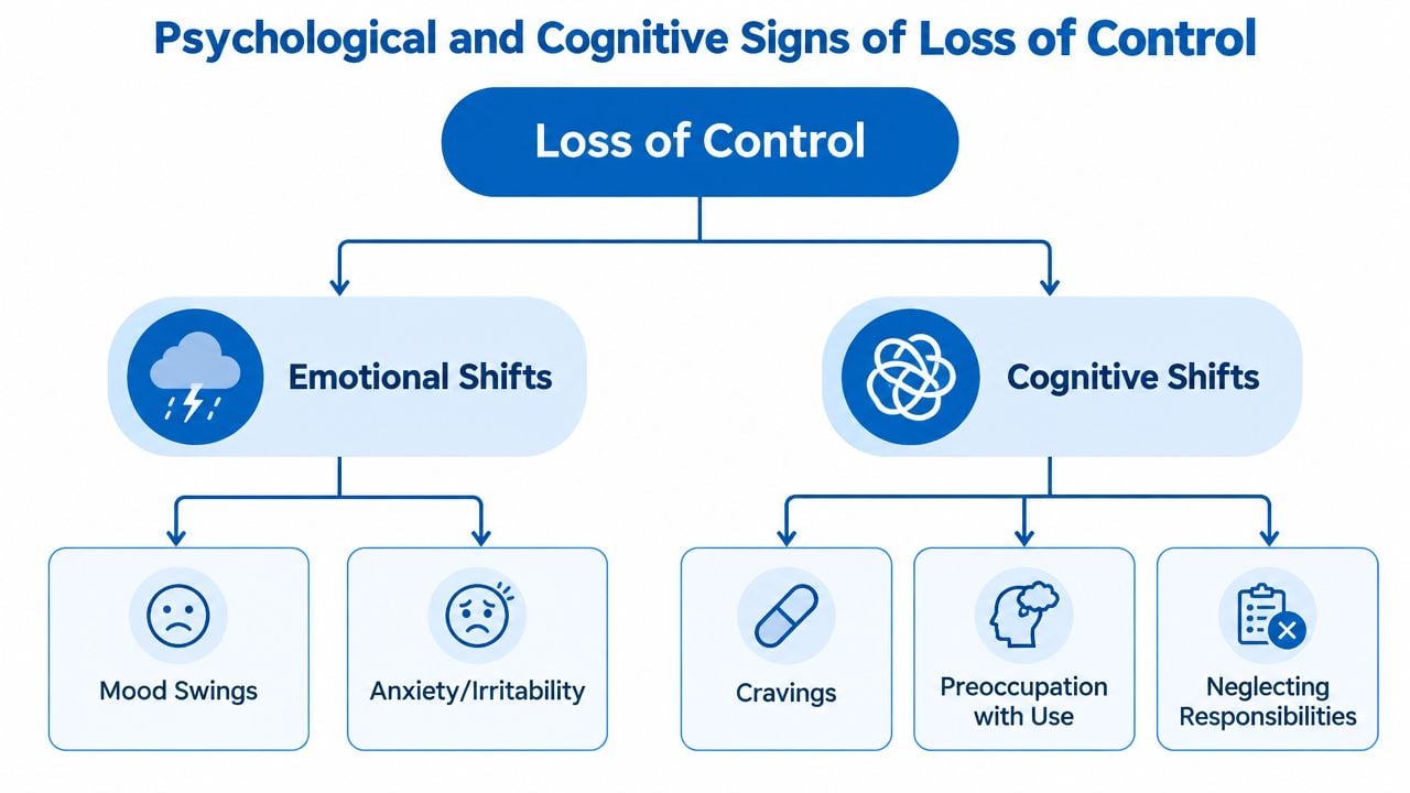 A diagram outlining psychological and cognitive signs of loss of control including emotional and cognitive shifts.