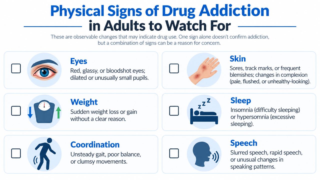 A chart highlighting physical signs of drug addiction in adults, including changes in eyes, skin, weight, sleep, coordination, and speech.