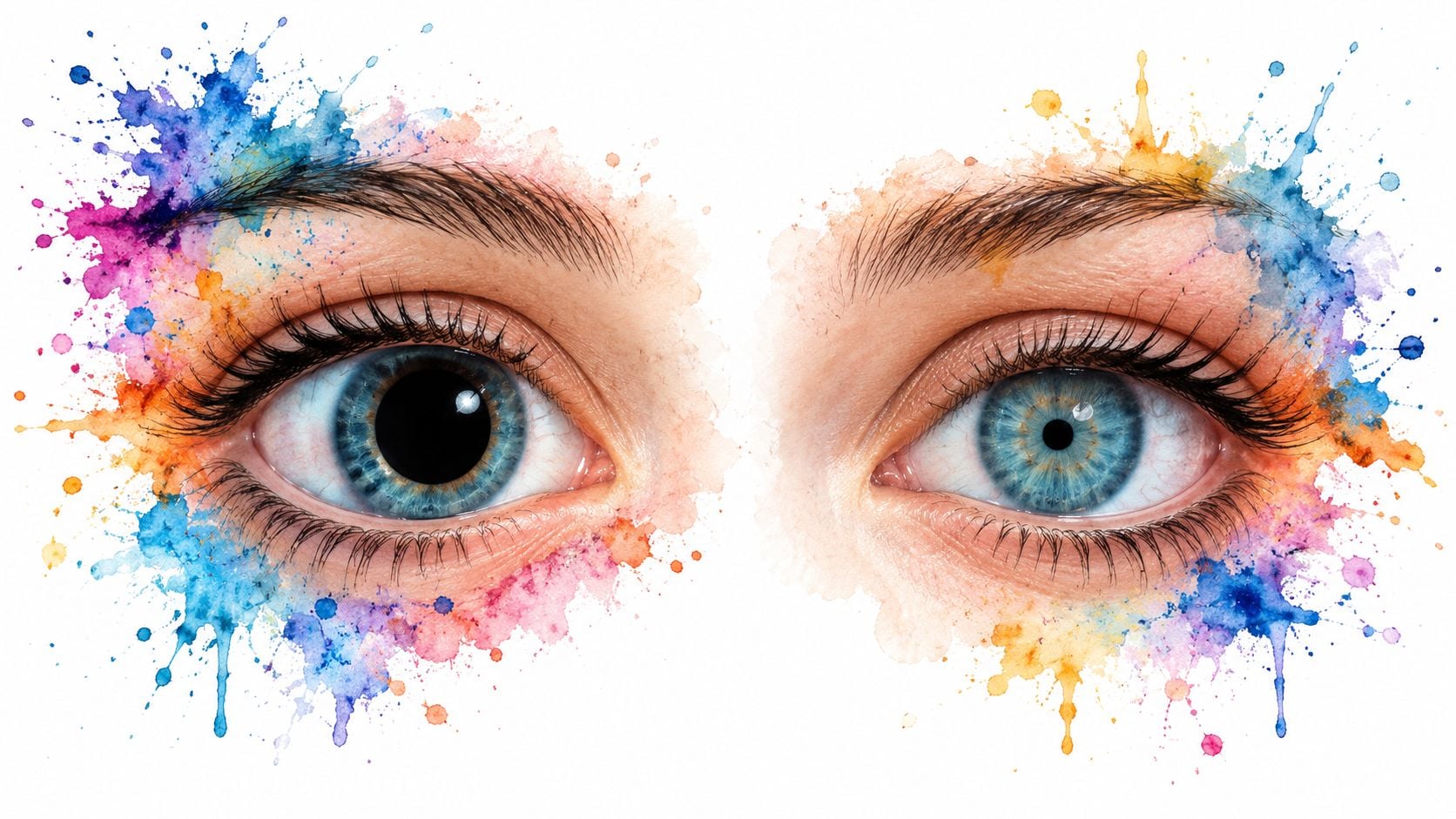 A close-up of two human eyes with dilated pupils surrounded by colorful artistic watercolor paint splatters.