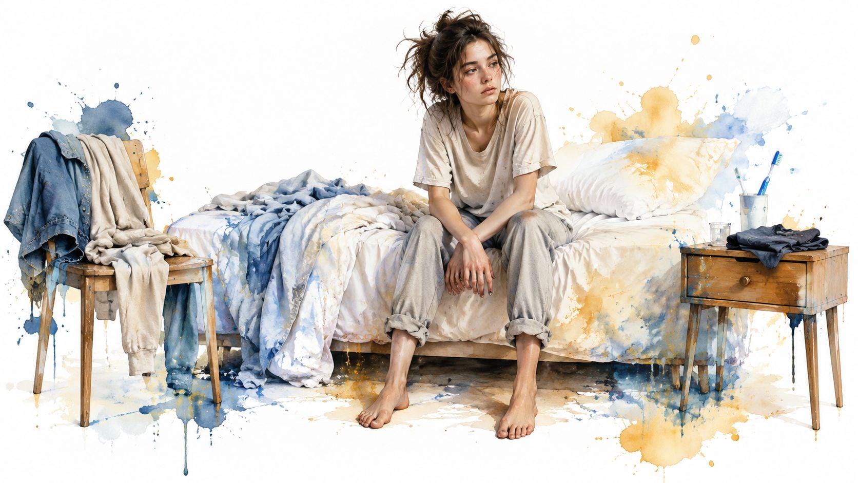 A disheveled woman sitting alone on a messy bed in a room with blue and yellow splatters.