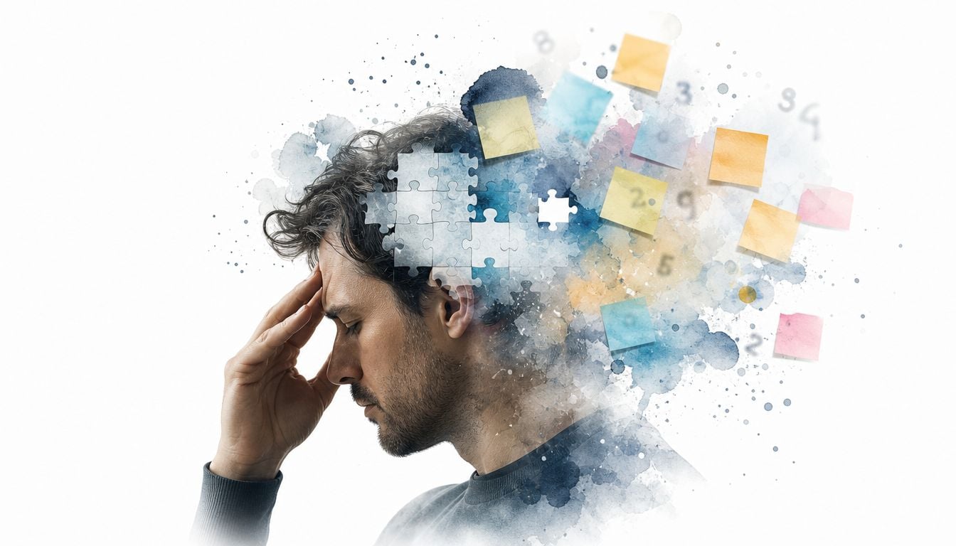 A man touching his head in distress, depicted with a brain made of puzzle pieces and notes.