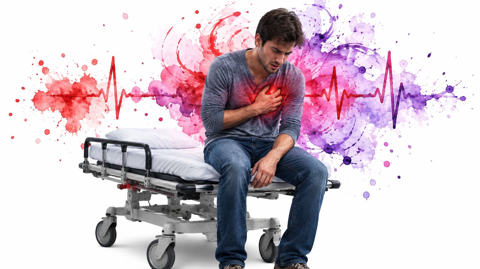 A man in distress clutching his chest while sitting on a hospital gurney with an abstract heartbeat overlay.