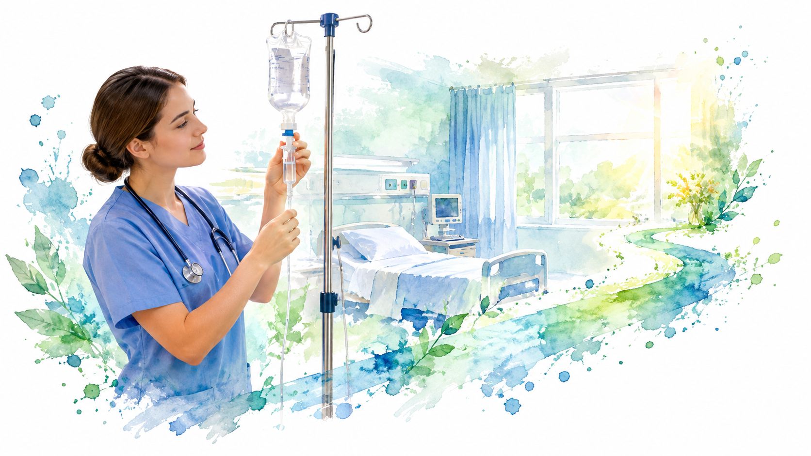 A professional nurse adjusting an IV drip in a calming hospital room decorated with watercolor style leaves.