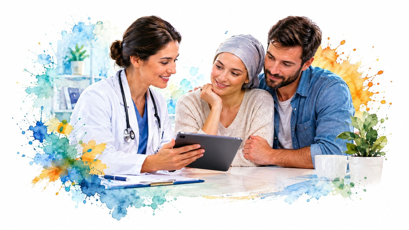 A compassionate counselor discusses a recovery plan with a patient and their family at a treatment center.